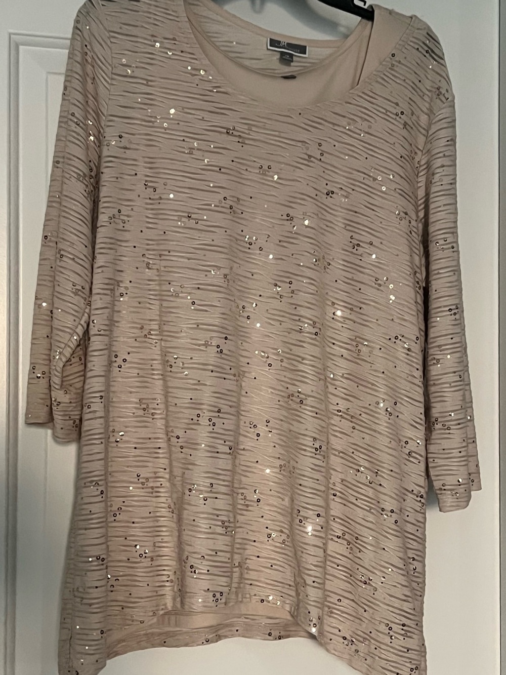 JM Collection Sequin-Accent Scoop Neck Top in Beige